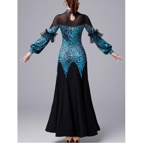Women girls blue red leopard printed ballroom dance dresses for female waltz tango foxtrot rhythm senior smooth dance long gown for female